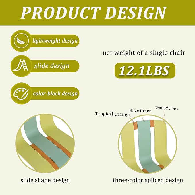 LUMISOL 5 Piece Outdoor Dining Table Set, All Weather Round Table and Chairs Set with Striped Color Block Chairs and Sturdy Metal Legs for Garden, Backyard, Poolside, Yellow+Green+Orange