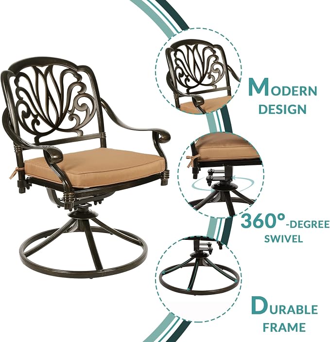 MEETWARM 3-Piece Outdoor Patio Dining Set, All-Weather Cast Aluminum Patio Conversation Set for Backyard Garden Deck with 2 Cushions Swivel Rocker Chairs and 31" Round Table, 2.2" Umbrella Hole