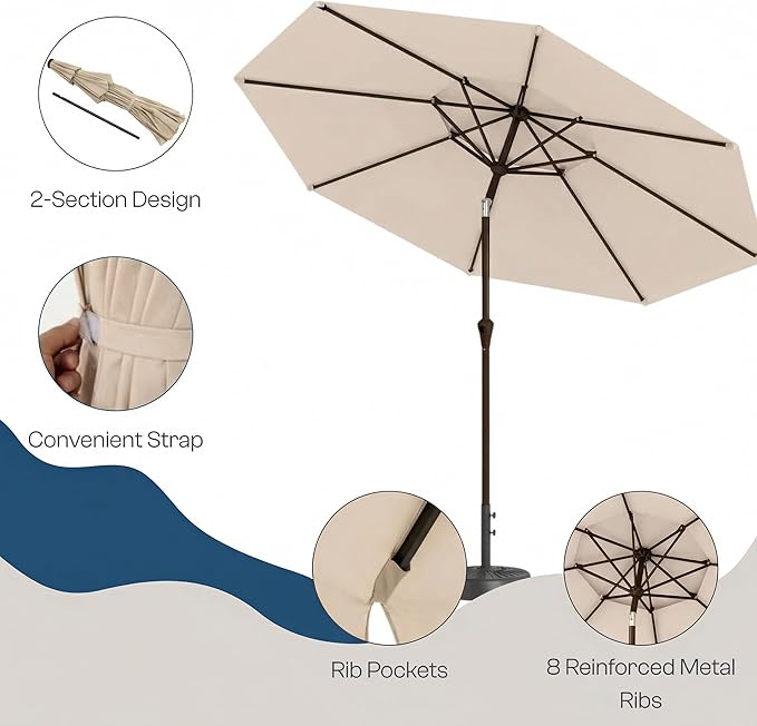 Outdoor Patio Umbrella, 2 Tiers Market Table Umbrella with 8 Sturdy Ribs, Push Button Tilt and Crank, UPF50+ UV Protection for Deck, Pool, Garden and Backyard