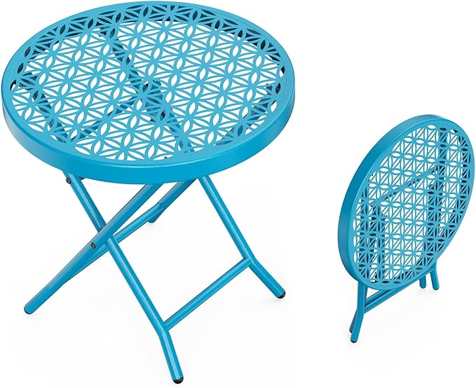 VINGLI Patio Folding Side Table, Small Outdoor Table with Everlasting Floral Pattern and Sturdy X-Shaped Metal Frame Ideal for Indoor & Outdoor Balcony, Porch, Backyard, Deck, Blue, 1 Pack