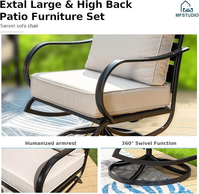 MFSTUDIO 4 Pieces Patio Conversation Sets(5 Seat),Outdoor Metal Furniture Sofas with 1 Loveseat(3 Seat), 2 Swivel Chairs,1 Coffee Table,Wrought Iron with Beige Cushion for Patio Courtyard Balcony