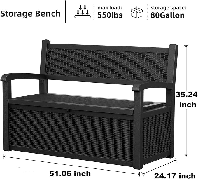 EasyUp 80 Gallon Outdoor Storage Bench Lockable Deck Box Outdoor Storage Box Waterproof for Patio,Garden,and Porch – Perfect for Storing Garden Tools and Cushions(Black)