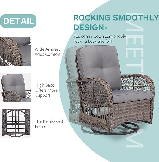 MEETWARM 3 Pieces Outdoor Wicker Swivel Rocker Patio Set, Rocking Chairs Rattan Patio Furniture Sets with Thickened Cushion and Glass-Top Coffee Table, Conversation Bistro Set for Porch (Gray)