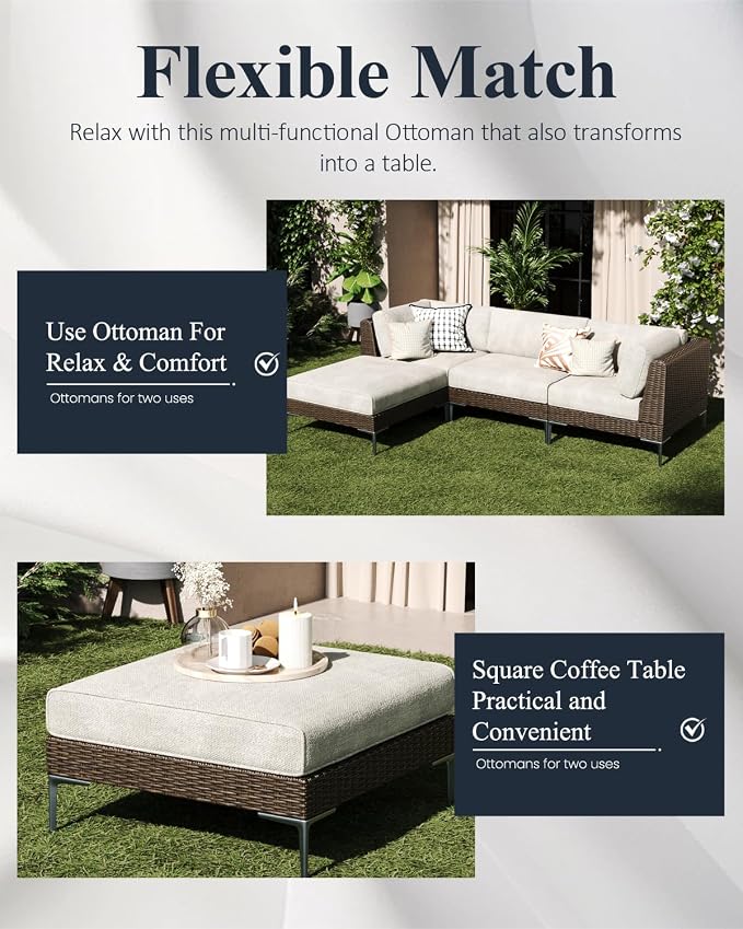 LayinSun 6-Piece Wicker Rattan Patio Furniture Set, Deep Seating Outdoor Modular Sectional Sofa Conversation Set with Thick Cushions for Lawn, Garden