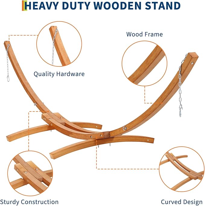 Hammock Stand, Wood Hammock Stand Only for Patio Backyard Indoor Outdoor, Max 475 Lbs, Curved