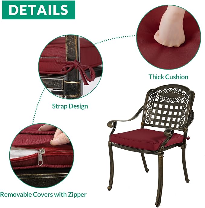 VIVIJASON 5-Piece Patio Furniture Dining Set, All-Weather Cast Aluminum Outdoor Conversation Set, Include 4 Cushioned Chairs and a 35.4" Round Table w/Umbrella Hole for Balcony, Garden, Red Cushion