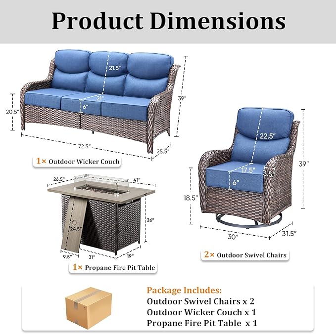 Luxury High Back Patio Furniture Set with 6-Inch Thick Cushions, 4-Pieces Outdoor Furniture with Swivel Chairs Fire Pit, Wicker Conversation Set for Porch, Balcony, Deck and Yard, Brown/Blue