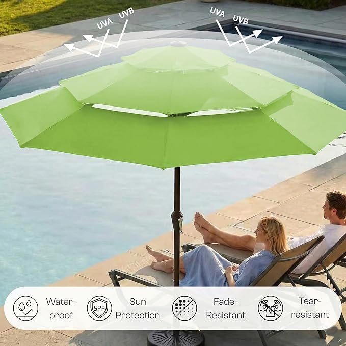 10ft 3-Tier Patio Umbrella with 32 Solar Powered LED Lights, Windproof Outdoor Market Umbrella for Deck, Poolside & Garden, Sturdy Push-Button Tilt Table Umbrella, Apple Green