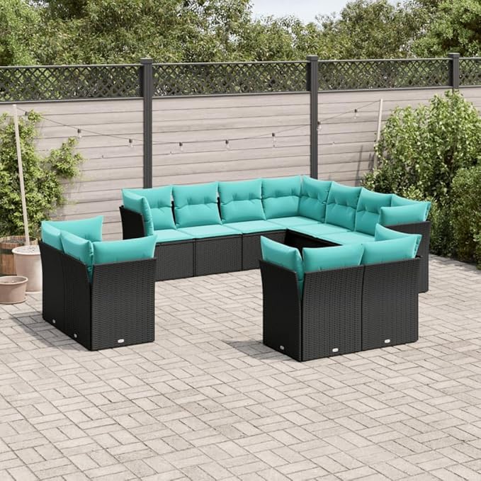11 Piece Patio Sofa Set with Cushions, Patio Conversation Set Sectional Sofa Garden Lounge Set Front Porch Furniture for Negotiation Area Exhibition Garden Piazza Black Poly Rattan