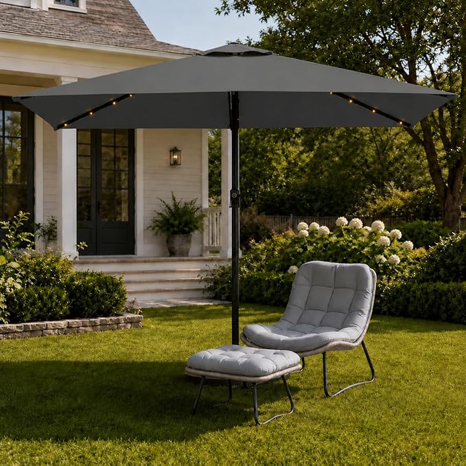 6.5 x 10ft Rectangular Patio Umbrella with Solar Lights, 16 LED Lighted Market Umbrella with Push-Button Tilt and Crank, 6 Sturdy Iron Ribs for Garden, Deck, Pool, Gray