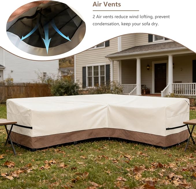 okcool Outdoor Sectional Sofa Cover Waterproof-L-Shaped Patio Furniture Covers for 6-Seater Outdoor Sectional Furniture Couch 110"(85''L) x 32''D x 31''H, Beige & Brown