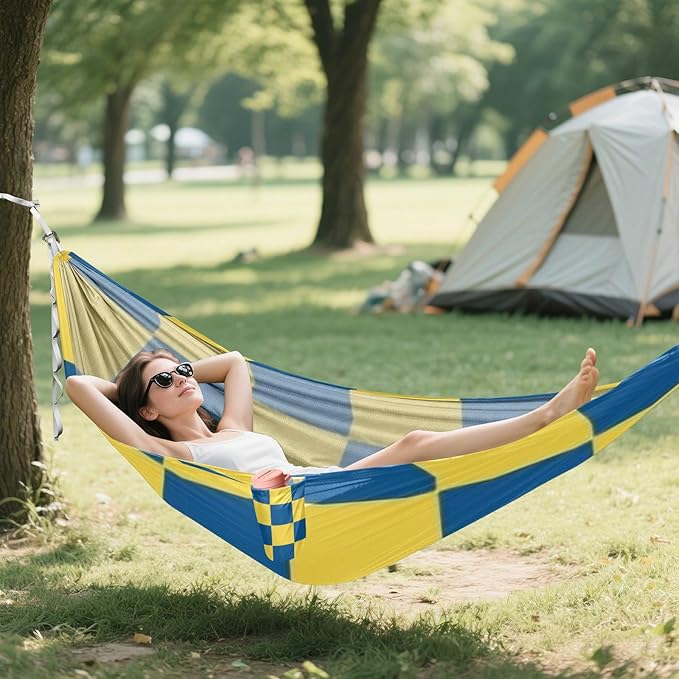 Yellow and Blue Checkerboard 330lb Capacity Hammocks for Camping with Portabl Carry Bag Indoor Hammock for Patio Backyard Lounge Base para ir de Camping