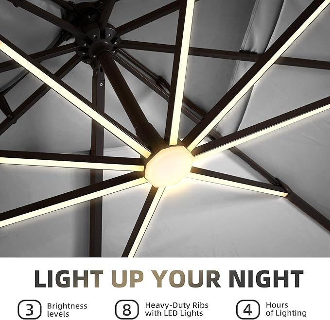 9 X 12 FT Cantilever Patio Umbrella with Led Lights Outdoor Heavy Duty Double Top Rectangle Offset Umbrellas with 360-degree Rotation for Pool Deck Backyard, Foggy Grey