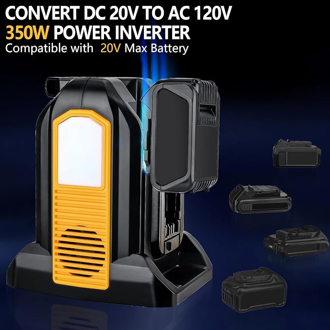 350W Portable Power Supply Inverter Compatible with Dewalt 20V Li-ion Battery, 4 Port Pure Sine Wave Inverter DC 20V to AC 120V with AC Output, USB Port, Type-C Port, 300LM LED Light Emergency