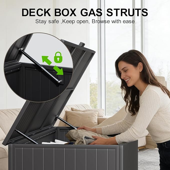 Outdoor Storage Box with Wheels 250 Gallon, Metal Deck Boxes Waterproof, UV Resistant Patio Storage Box with Lid for Patio Furniture, Garden Tools,Outdoor Cushion (Black)