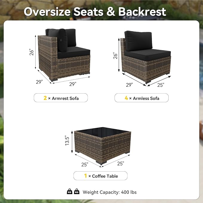 LazySunsets 7-Piece Patio Furniture Set, Wicker Rattan Outdoor Furniture with Thick Cushions, Patio Conversation Sets with Coffee Table, Outdoor Sectional Couch Sofa, Yellow Black