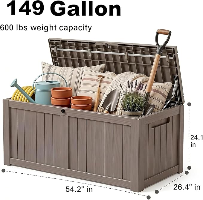 149 Gallon Resin Outdoor Storage Box, Waterproof Deck Box with Lockable Lid, Outside Storage Box for Patio Furniture, Pool Accessories, Garden Tools, Storage Bench for Backyard, Porch, Gray Brown