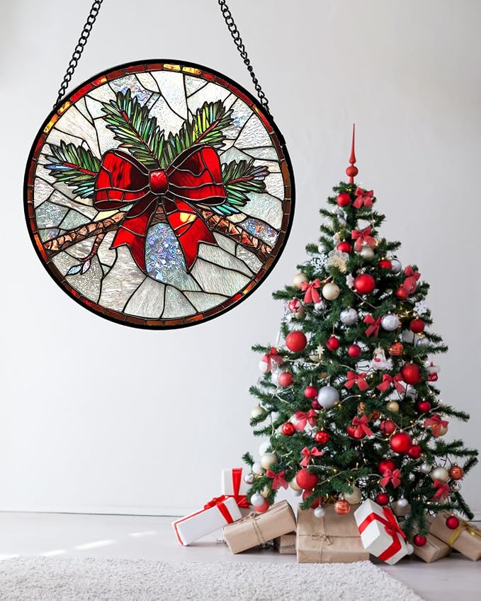 DASTOLL Stained Glass Window Hanging - Pine Branches Red Bow Suncatcher for Doors Home Christmas Decoration Silver Sun Catcher Thanksgiving New Year Birthday Gifts for Women Men Mom Nana 7.8 in