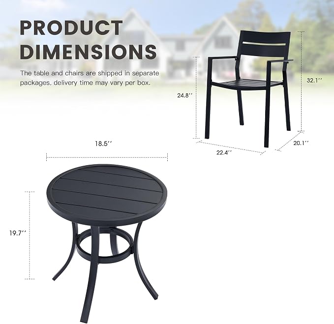 Small Patio Dining Set for 2, 18.5" Round Outdoor Side Table and Stackable Patio Dining Chairs Outdoor Furniture for Garden Deck Backyard, Black Table and Black Chairs