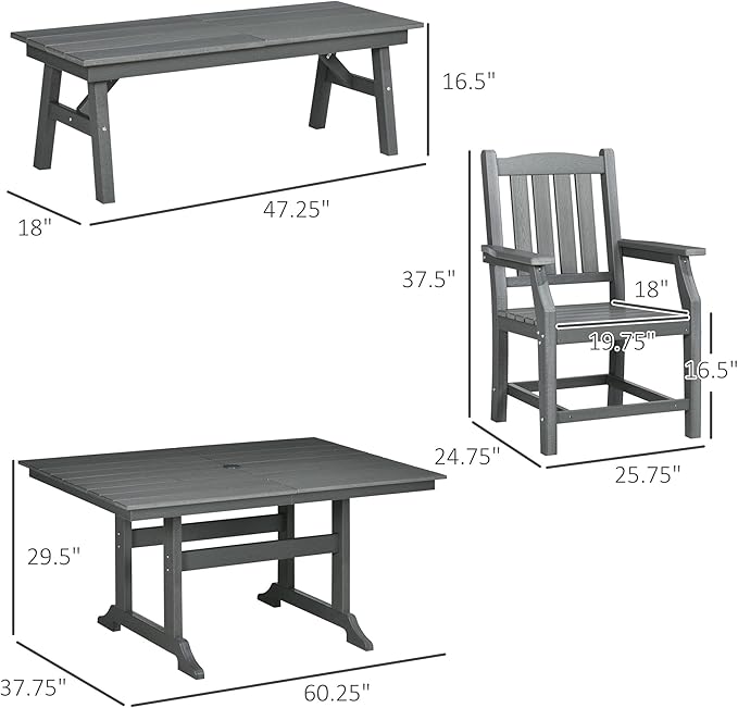 Outsunny 6 Pieces Patio Dining Set, 6 Seater Outdoor Table and Chairs, Conversation Furniture, Armrests, Loveseat Bench, Dinner Table with Umbrella Hole, Cushions, Dark Gray