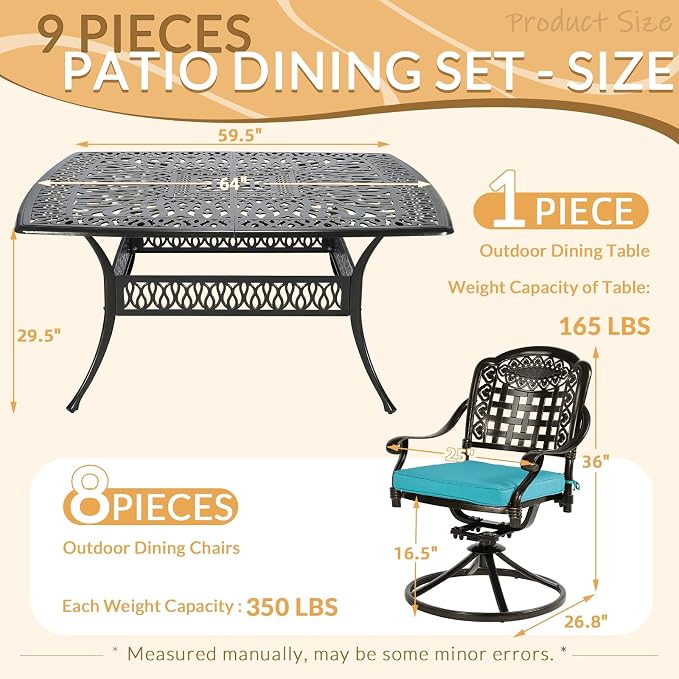 9 Piece Outdoor Patio Dining Set for 8, Cast Aluminium Large Square Dining Table & 8 Swivel Rocker Chairs with Removable Cushions, Umbrella Hole, Patio Furniture Set for Garden, Ocean Blue