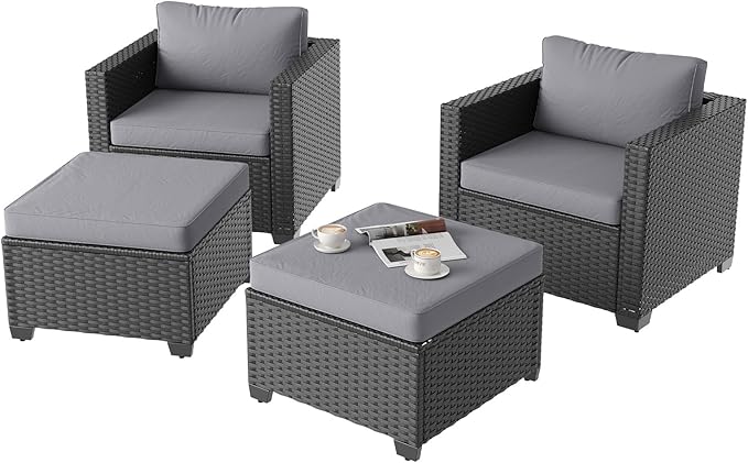 Aoxun 4 Piece Patio Furniture Set with Ottomans, Wicker Outdoor Furniture Conversation Set with 4" Thick Cushions for Deck Yard and Poolside Grey