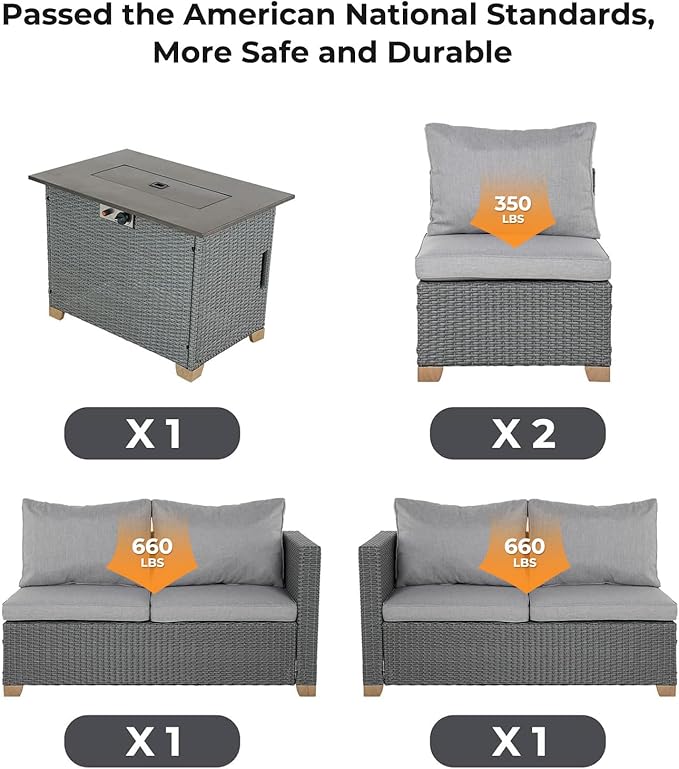 Grand patio 5 Pieces Wicker Outdoor Furniture Set,Patio Furniture Set with CSA Certification Fire Pit Table,Modular Sectional Sofa Sets with Olefin Cushions, 50,000 BTU Heat Output (Light Gray)