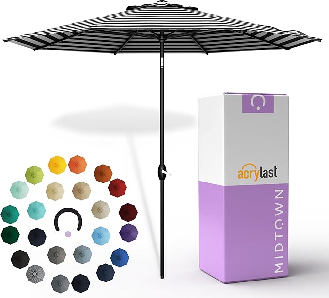 Midtown Umbrellas – The Lean 8 Ft Patio Umbrella with 10-Year-No-Fade Acrylast Acrylic Fabric, Auto-Tilt and 8 Reinforced Ribs for Deck, Pool, Garden, Hotel & Cafes – Urban Stripes Canopy, Black Pole