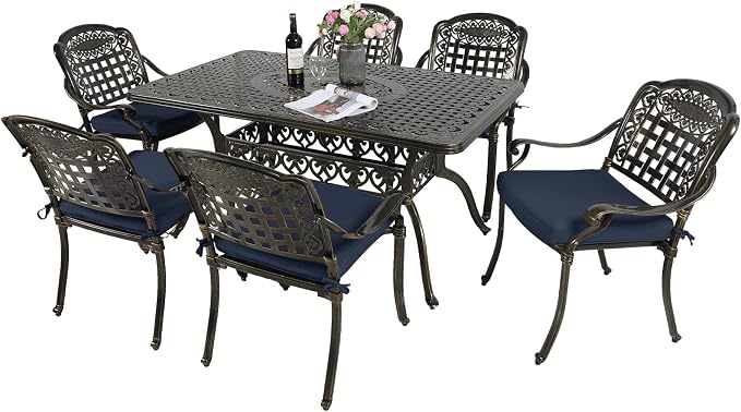 MEETWARM 7-Piece Outdoor Furniture Dining Set, All Weather Cast Aluminum Patio Garden Set with 6 Chairs, 6 Cushions, 1 Rectangular Table, 2" Umbrella Hole, Dark Bronze, Navy Blue