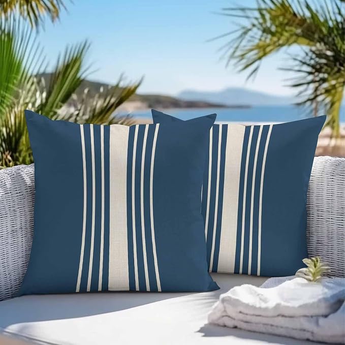 Vandarllin Outdoor Throw Pillows Covers 26x26 inch Set of 2 Waterproof Navy Blue Vertical Stripes Decorative Zippered Cushion Covers for Patio Furniture, Classic Striped Linen Lumbar Pillowcases
