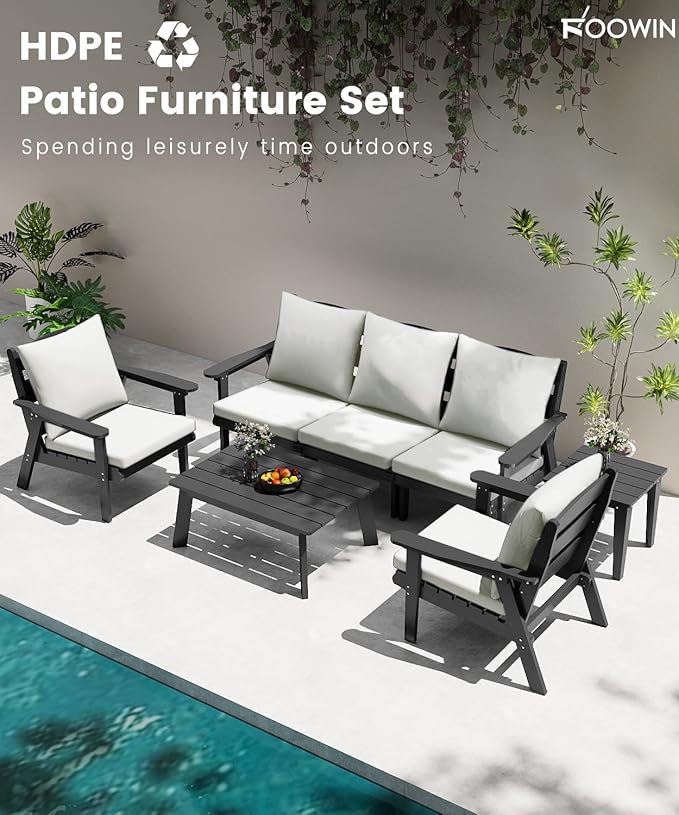 FOOWIN 7-Piece Patio Furniture Set, HDPE All-Weather Outdoor Conversation Set with Thick Cushions, Sectional Patio Sofa Furniture for Deck, Porch, Lawn, Garden, Grey Frame & White Cushion