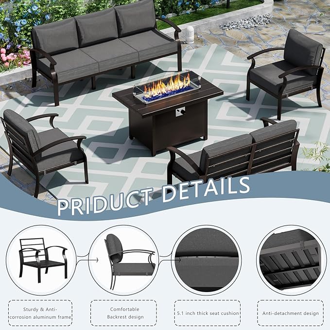 Patio Furniture Set 5-Piece Aluminum Armrest Sofa, Modern Outdoor Living Room Set with 55000 BTU Propane Aluminum Fireplace, Outdoor Rotary Joystick with Thick Cushion