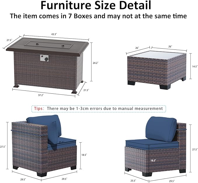 Outdoor Patio Furniture Set with Gas Fire Pit Table, 13 Pieces Outdoor Furniture Set Patio Sectional Sofa w/43in 55000 BTU Propane Fire Pit, PE Wicker Rattan Patio Conversation Sets - Dark Blue