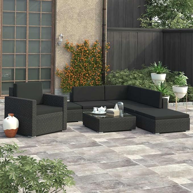 6 Piece Patio Lounge Set with Cushions, Patio Conversation Set Porch Furniture Set Outdoor Sofa Sets Sectional Sofa for Piazza Garden Negotiation Area Poolside Poly Rattan Black