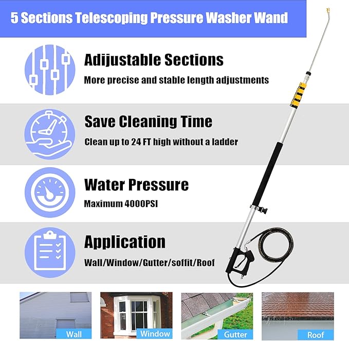 24FT Aluminum Telescoping Pressure Washer Wand with Power Washer Extension Wand, Gutter Cleaner Attachment, Brush Head, 7 Spray Nozzle Tips, Hose Inlet Adapters and Support Harness