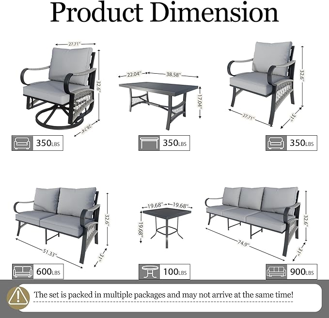 8 Pieces Patio Conversation Sets, All Weather Metal Outdoor Furniture Set with Swivel Rocking Chairs Set, Outdoor Furniture Set with Sectional Sofa Couch Loveseat (Gray Cushions)