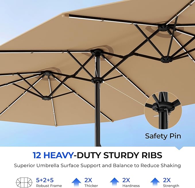 HOMSHADE Double Sided Patio Umbrellas with Base - 15ft RGB Multi-Color Flowing LED Lights Outdoor Extra Large Market Table Umbrella w/Stand, Oversized Umbrella for Deck, Pool, Backyard,Beige