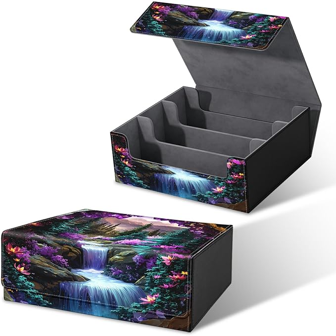 Large Card Deck Box for MTG, Fits 1200+ Sleeved Cards, PU Leather Storage Case with Strong Magnetic Closure, Multiple Colors for TCG CCG Baseball Card Collections, Purple Mountains