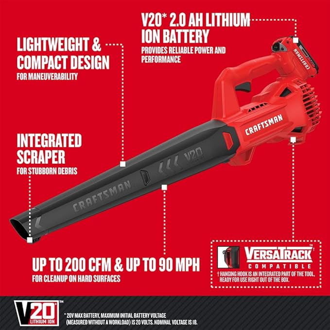 CRAFTSMAN 20V MAX Cordless Leaf Blower with Battery and Charger, Hard Surface Electric Leaf Blower,Powerful up to 90 MPH, Red (CMCBL710D1)