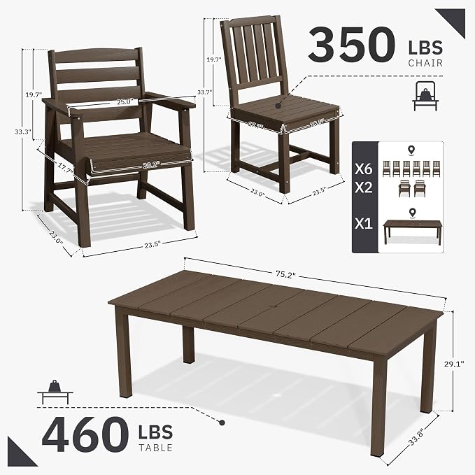 AreShark 9-Piece Outdoor Dining Set,HDPE Patio Table with 8 Chairs,All-Weather Patio Furniture Set with Umbrella Hole,Low Maintenance Wood Grain Dining Set for Backyard,Garden,Poolside,Coffee