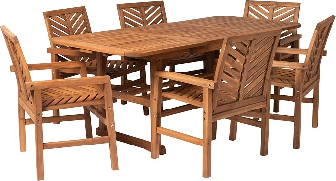 Walker Edison AZW7TXVINBR 6 Person Outdoor Wood Chevron Patio Furniture Dining Set Extendable Table Chairs All Weather Backyard Conversation Garden Poolside Balcony, 7 Piece, Brown