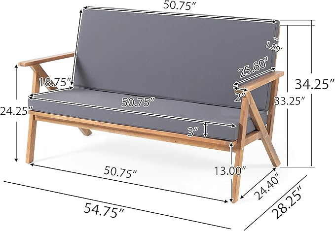 Christopher Knight Home Panama Outdoor Acacia Wood Chat Set with Water Resistant Cushions, 4-Pcs Set, Teak Finish / Grey