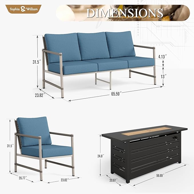 Sophia & William 4-Piece Outdoor Wicker Patio Conversation Set, 3-Seat Sofa, 2 Fixed Sofa Chairs, 1 Fire Pit Table, All-Weather Rattan Patio Furniture for Garden