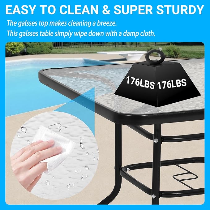 Outdoor Patio Table with Umbrella Hole, 32 Inches Tempered Glass Top Square Patio Table,Conversation Coffee Table Metal Steel Frame All-Weather Furniture for Balcony, Backyard and Poolside