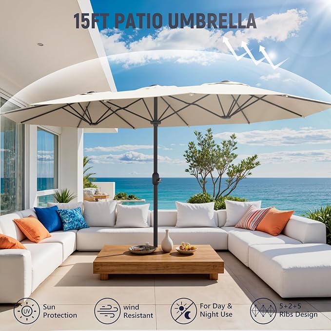 Sannwsg 15ft Large Patio Umbrella, Double Sided Outdoor Umbrellas, Market Umbrellas with Crank Handle, Backyard Umbrela for Deck, Garden, Pool
