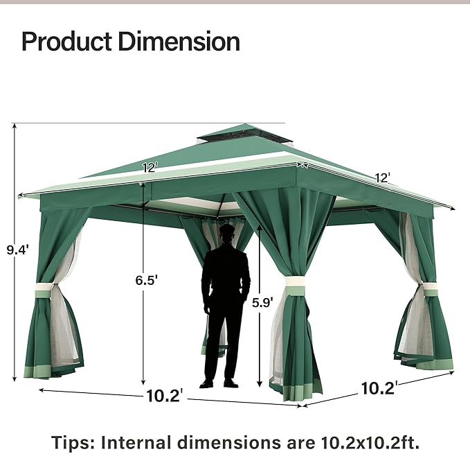 LAUSAINT HOME 12'x12' Outdoor Gazebo, Metal Frame Heavy Duty Patio Canopy Tent Shelter with Double Roofs, Mosquito Nettings and Privacy Screens for Backyard, Garden, Lawn, Forest Green