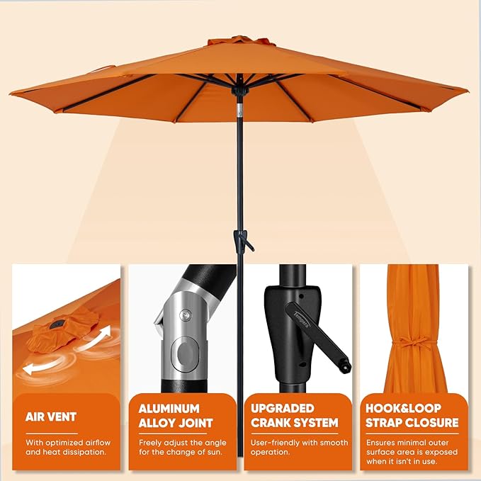 Tempera Patio Market Outdoor Table Umbrella with Push Button Tilt and Crank, Large Sun Umbrella with Sturdy Pole & Fade Resistant Canopy, Easy to Set