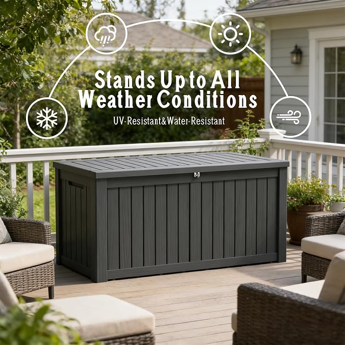 FEFLO 120 Gallon Waterproof Resin Deck Box, Heavy-Duty Outdoor Storage Box | Lockable Lid & UV-Resistant Patio Storage Chest for Garden Tools, Pool Accessories, Package Delivery, Toys, Furniture