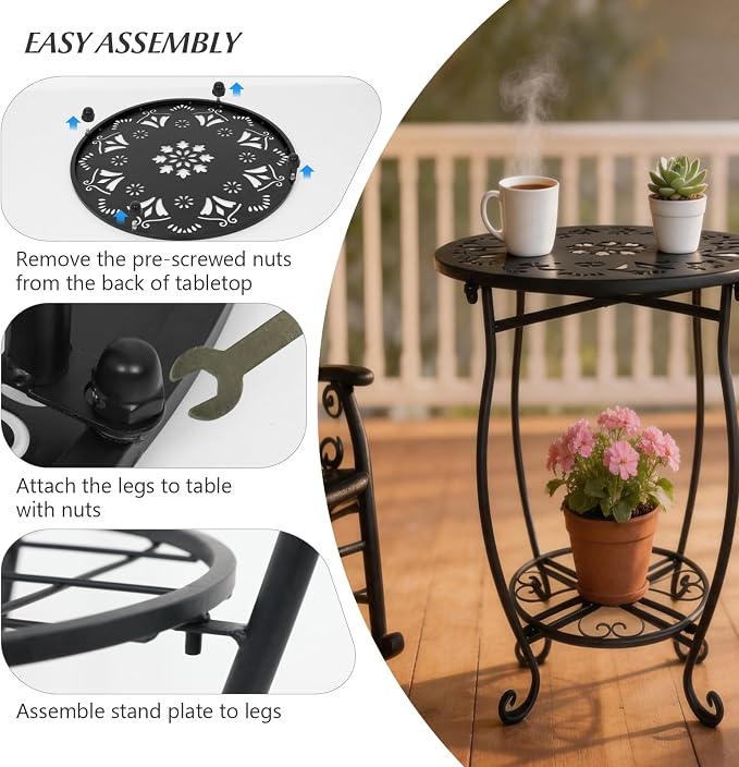 Fashion&cool 25" Outdoor Side Table, 2-Tier Round Metal Patio End Table, Heavy Duty Rust-Proof Coffee Table for Outside, Space Saving Balcony Sofa Small Table for Living Room Garden Deck, Black