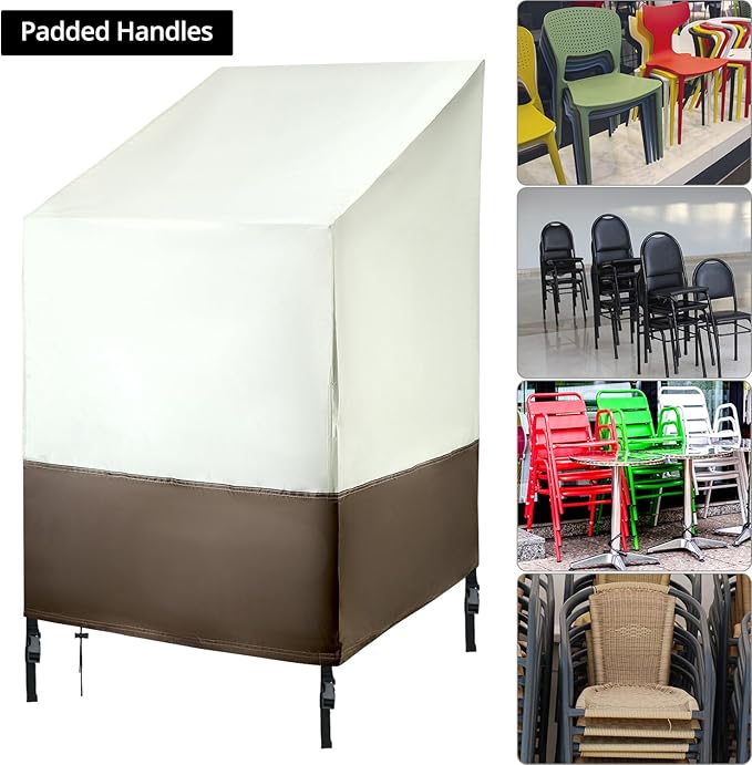 QWORK 2-Pack Stackable Patio Chair Covers - 36"Lx28"Wx47"H Waterproof Outdoor Lawn Patio Furniture Covers, Fits 4-6 Chairs, Beige & Brown